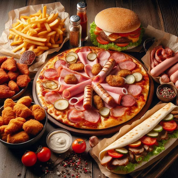 une table avec posé dessus un kebab, une pizza au jambon, des cuisses de poulets, des nuggets, du saucisson, du steak haché, un burger, style photo culinaire