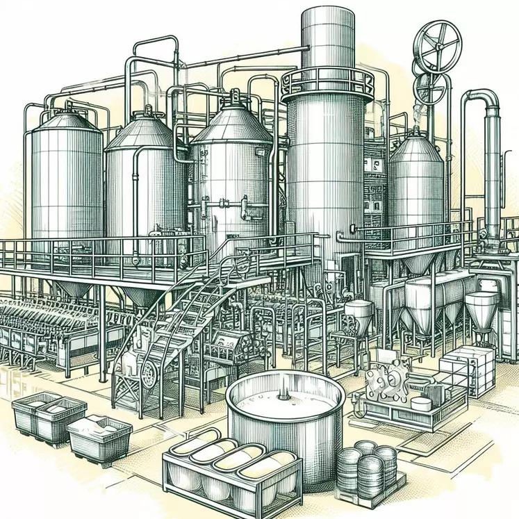 une usine de transformation du lait en fromage, beurre, poudre de lait, dessin style illustration 