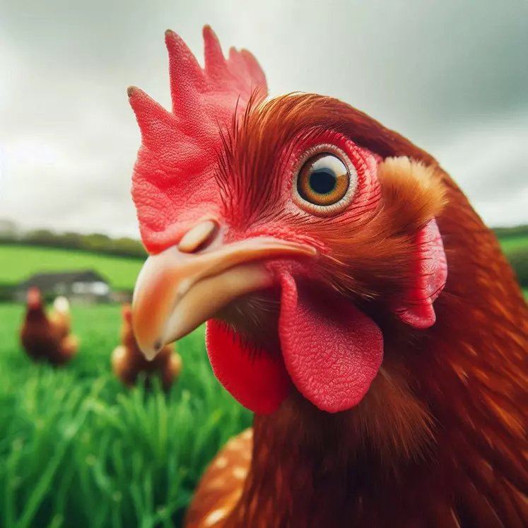 un portrait de poule rousse, en contre plongée, dans un champ bien vert