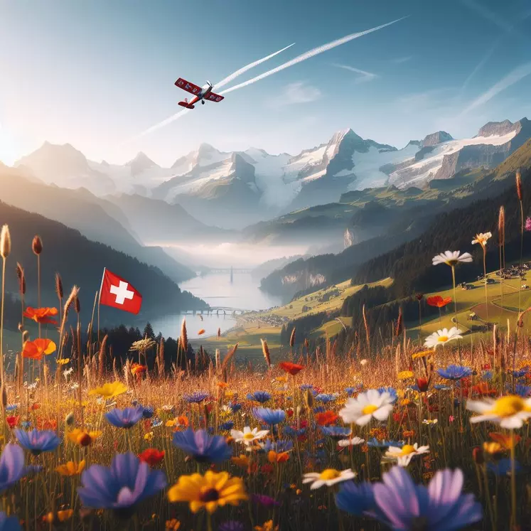 une prairie fleurie avec des insectes, des montagnes en arrière plan, dans le ciel un avion qui tire le drapeau suisse