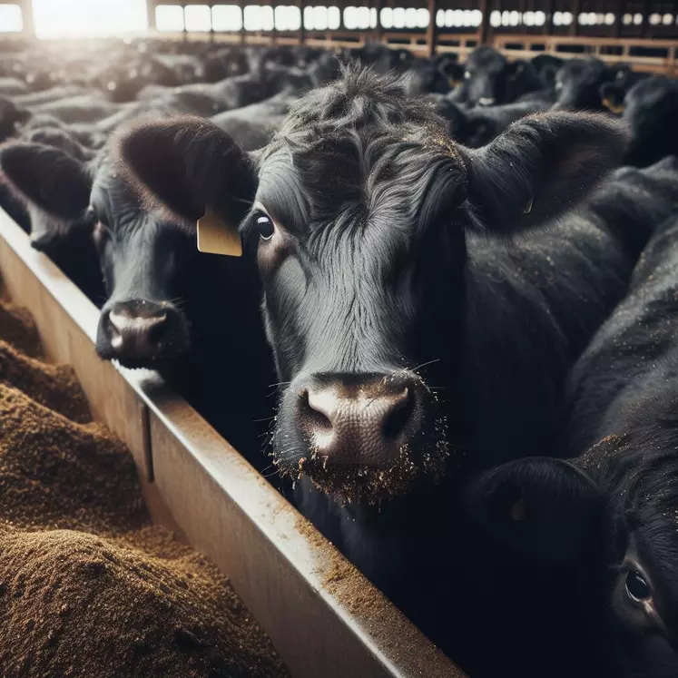 des bovins noirs dans un feedlot aux etats-unis, style photo