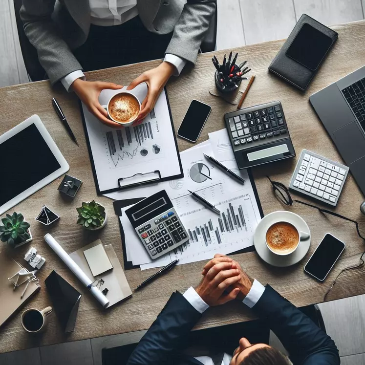 un bureau avec des calculatrices, ordinateurs, stylos et tasses de café, un homme et une femme d'affaire se parlent, vu de haut