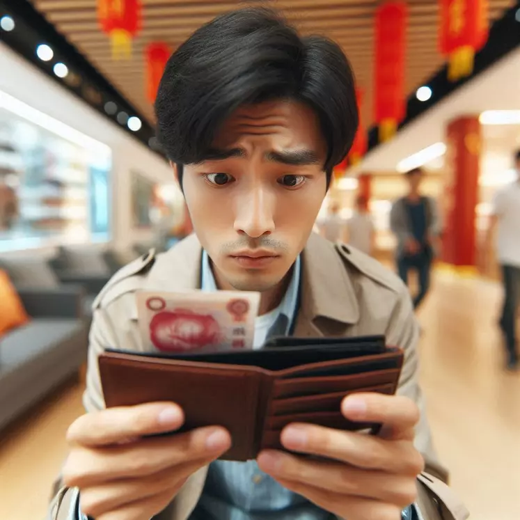 un consommateur chinois regarde son porte-monnaie avec quelques yuans, avec prudence, style photographie en contre plongée, arrière plan flou d'un magasin