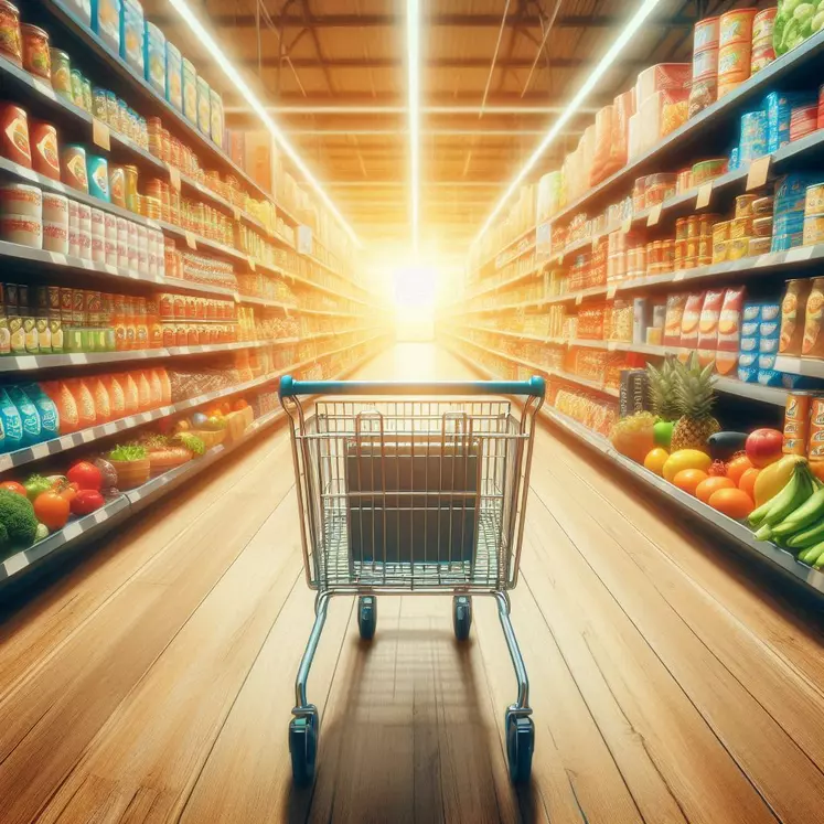 un caddie au milieu d'un rayon alimentaire, dans un supermarché style photo