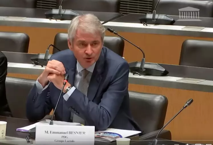 Emmanuel Besnier, PDG de Lactalis, devant trois députés de la commission d'enquête sur la perte de souveraineté alimentaire, le 6 juin 2024