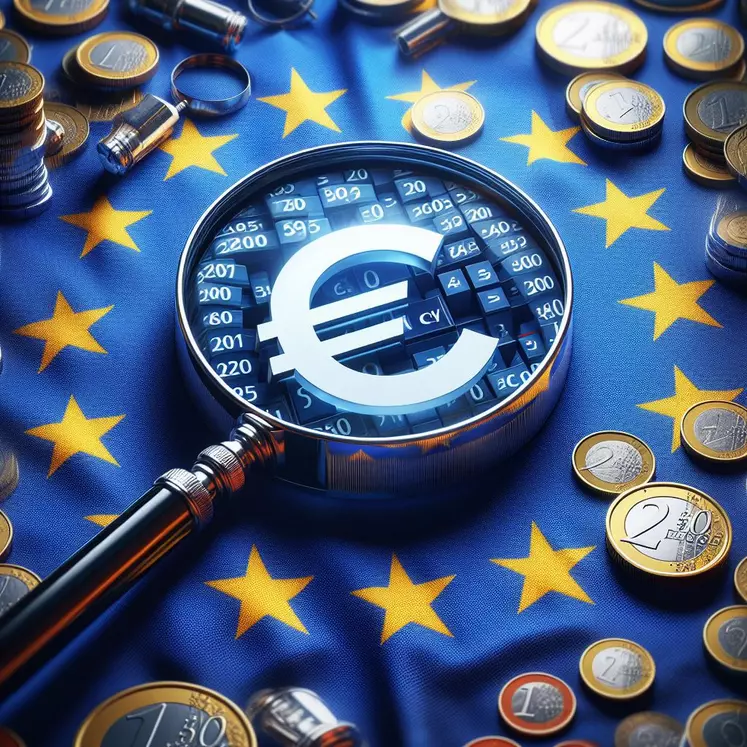 "au premier plan, un drapeau européen, en son centre, une loupe, on y voit des chiffres et des euros "