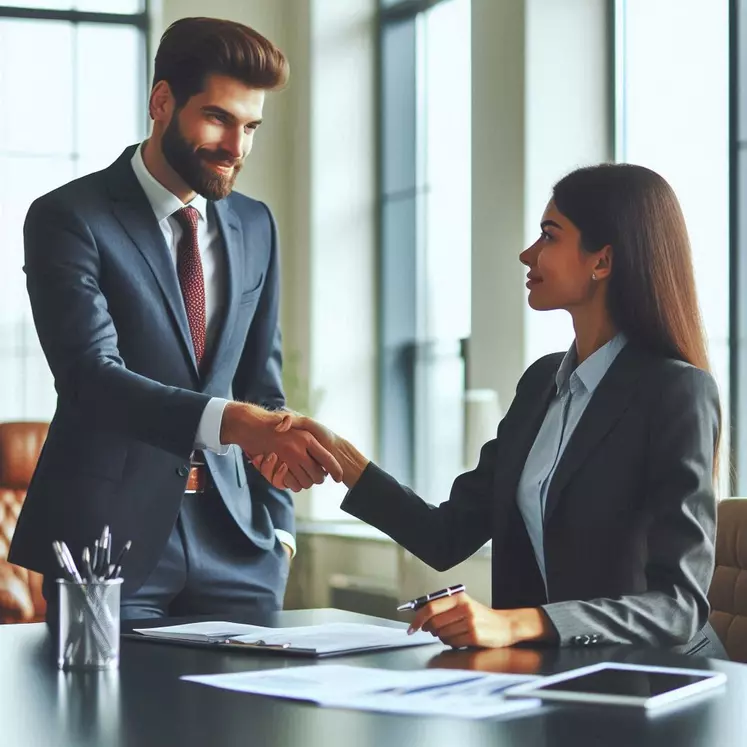 dans un bureau, un homme d'affaires en costume serre la main à une femme d'affaires pour conclure une négociation