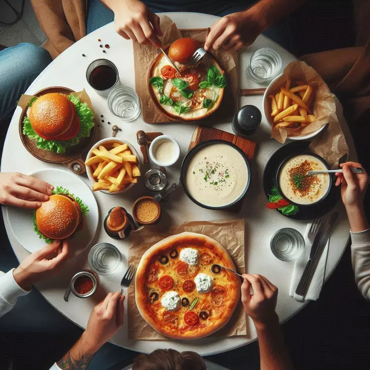 une table de restaurant vu de haut. un des clients mange un burger. un autre un plat en sauce à la crème. un troisième une pizza