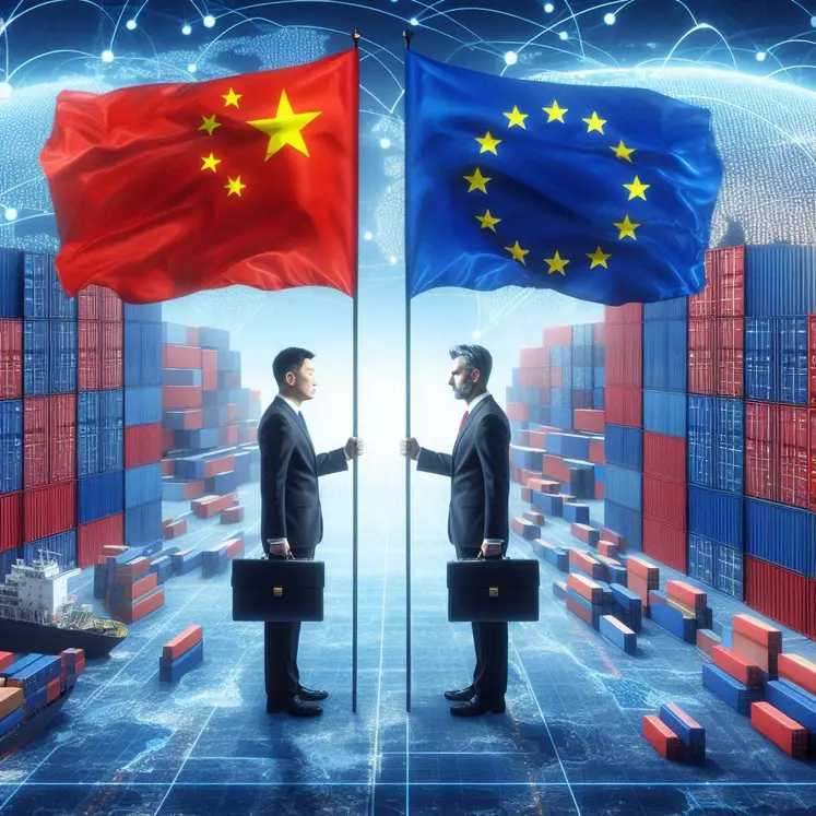 "An intense standoff between two business figures, one representing China (holding a red flag with a yellow star) and the other representing the European Union (holding a blue flag with yellow stars), in front of a background showing global trade routes and shipping containers."