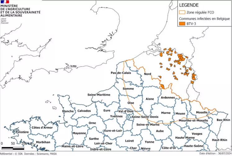  carte de la zone réglementée pour le sérotype 3 de la FCO 