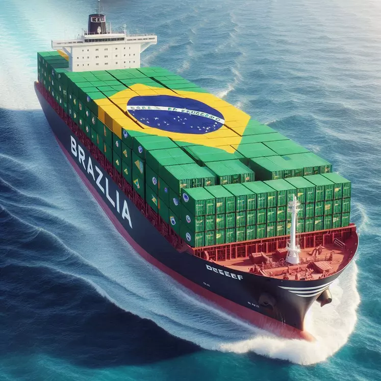 A cargo ship loaded with refrigerated containers labeled 'Brazilian beef' sails across the ocean, with the Brazilian flag on the ship.