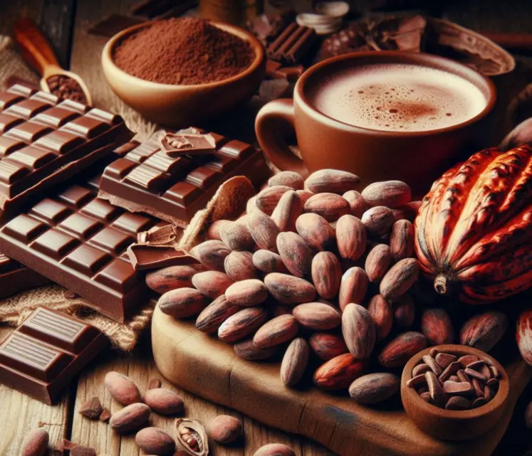 féves de cacao tavlettes de chocolat et tasse de chocolat chaud