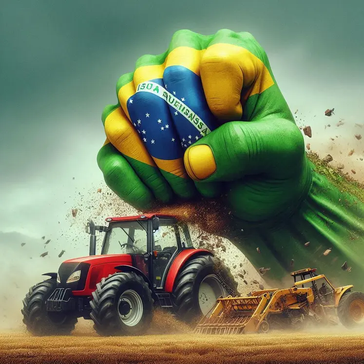 un poing géant aux couleurs du brésil écrase un tracteur