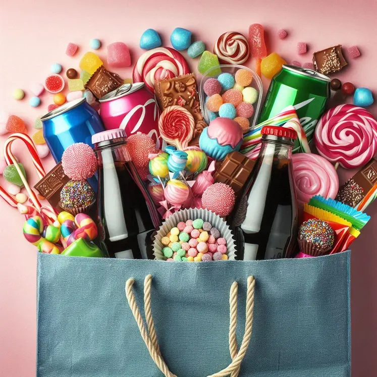 un sac de courses qui déborde de confiseries, bonbons, chocolats, bouteilles de soda