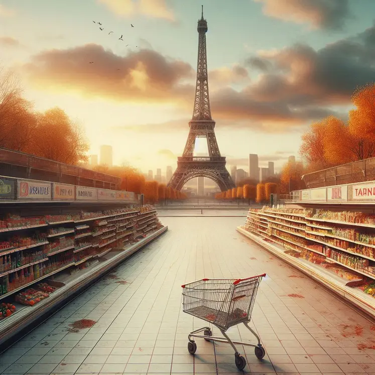 un supermarché à Paris sans rien à vendre, désert, en arrière plan la tour eiffel, en automne, style photographique