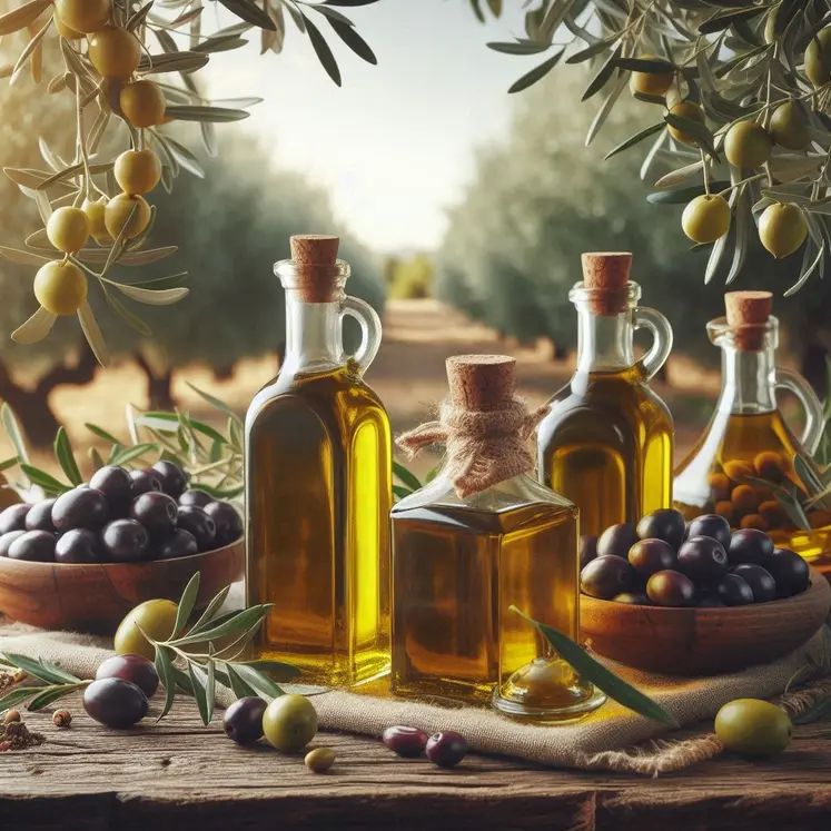 des bouteilles d'huile d'olive au premier plan, au fond des vergers d'olivier