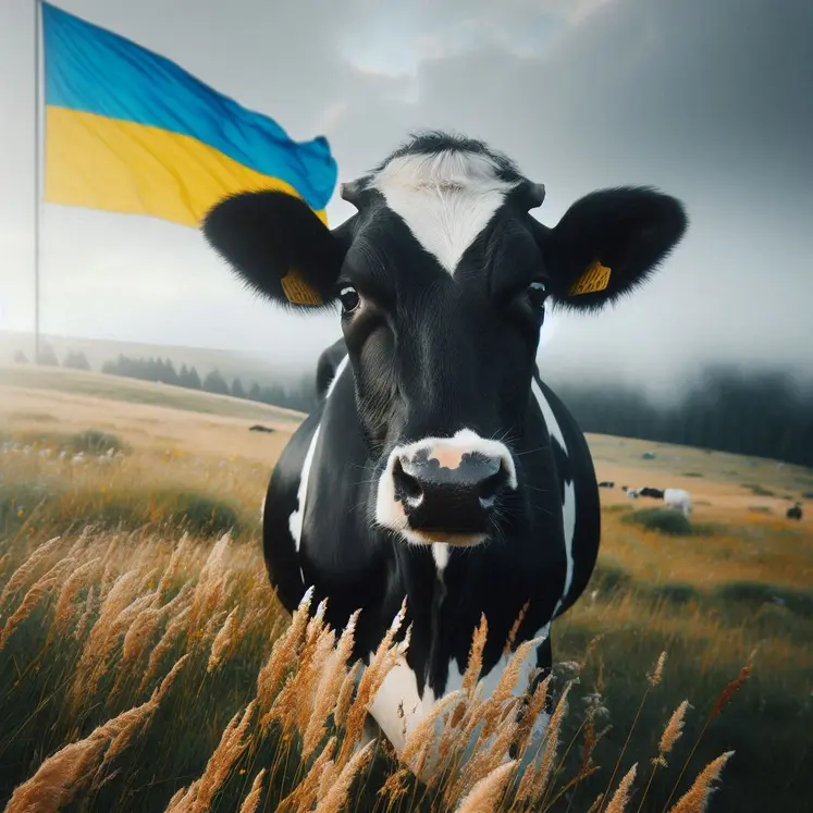 une vache noire et blanche dans une prairie, un drapeau ukrainien flotte derrière