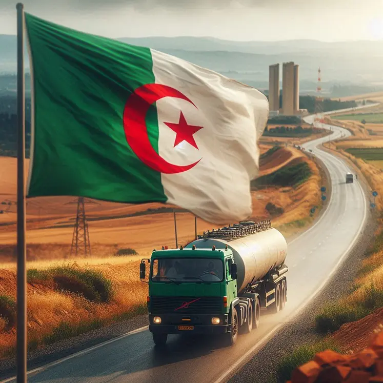 au premier plan un drapeau algérien qui flotte au vent, derrière un camion citerne qui roule sur route rurale