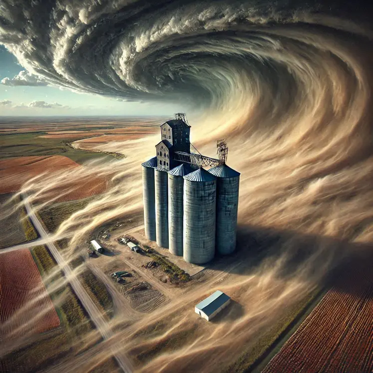 un silo à grain dans un paysage de sécheresse et de vent