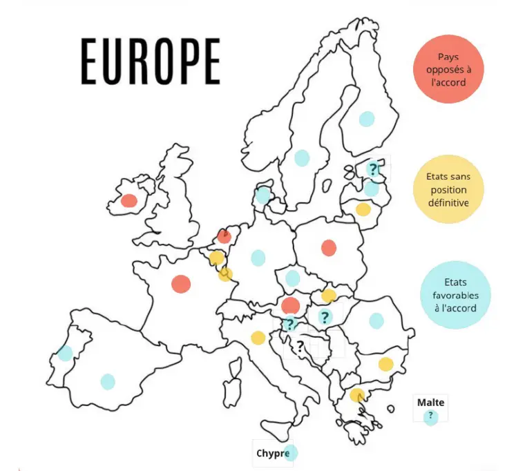 Carte : Position des États membres sur l'accord UE-Mercosur 