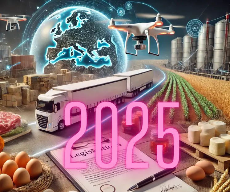  une illustration qui représente les défis auxquels l'industrie agroalimentaire pourrait être confrontée en 2025. Elle intègre des éléments liés à la logistique, la législation, le climat et les produits alimentaires comme les œufs, la viande, les céréales et le beurre. 