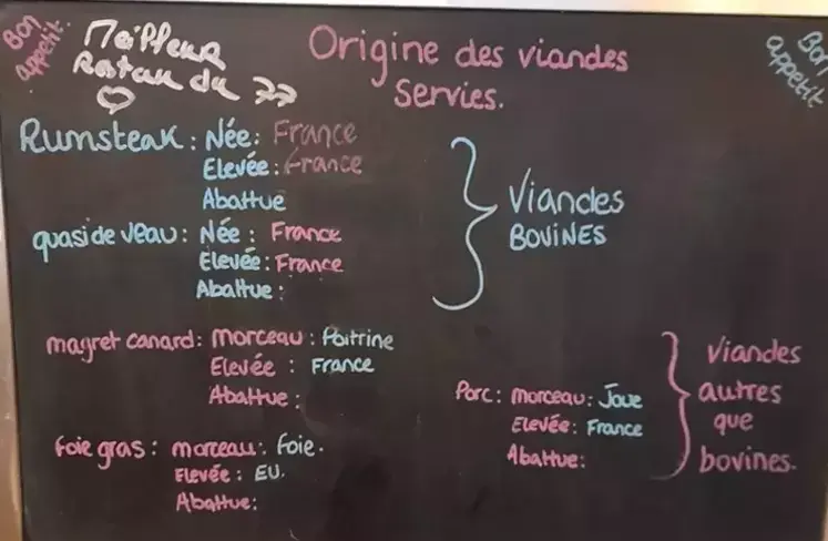 panneau affichage origine des viande en restaurant
