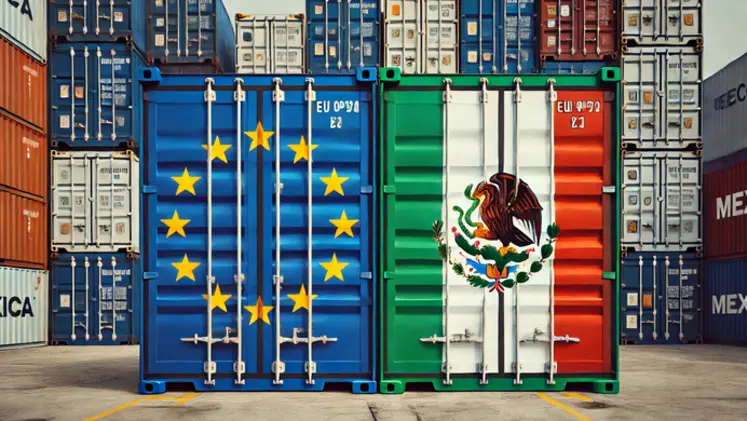une image avec deux conteneurs : un aux couleurs du drapeau européen, l'autre aux couleurs du drapeau mexicain