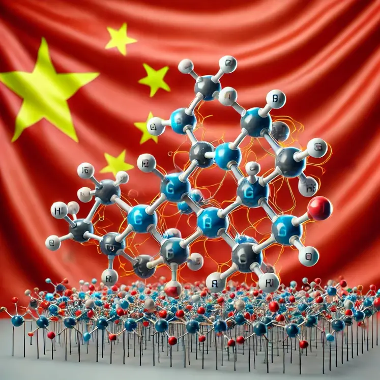 Une image représentant une molécule de lysine devant un drapeau chinois.