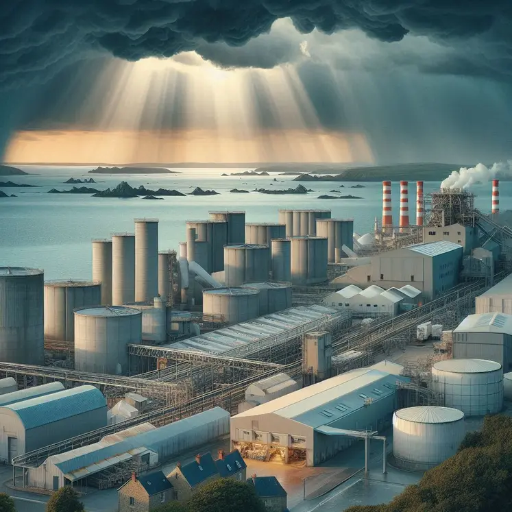 A realistic digital illustration depicting the fragility of the agri-food sector in Brittany, France. The scene shows a food processing factory. The background features a Breton landscape with overcast skies, symbolizing economic decline. The atmosphere conveys a sense of uncertainty and economic pressur