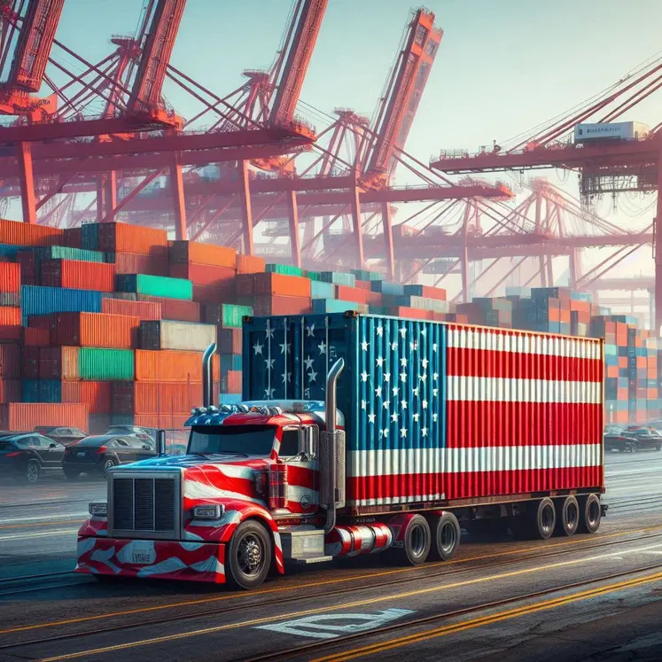 un conteneur aux couleurs du drapeau américain dans un port de commerce