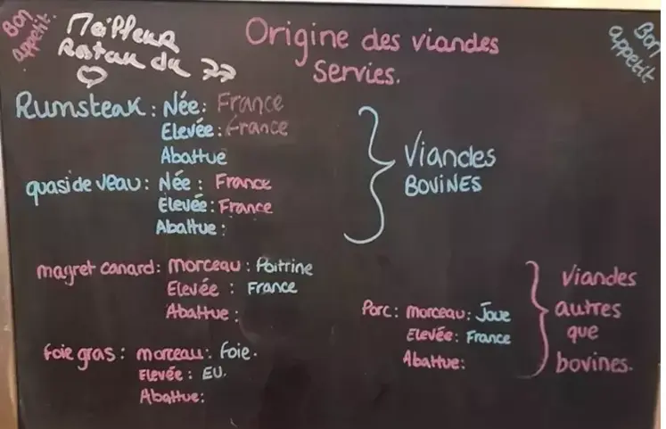 panneau affichage origine viande en restaurant