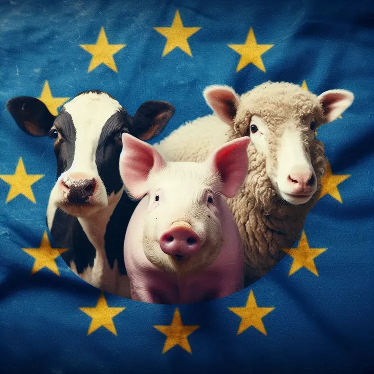 Style photographique, une vache, un cochon, un mouton, sur fond de drapeau européen