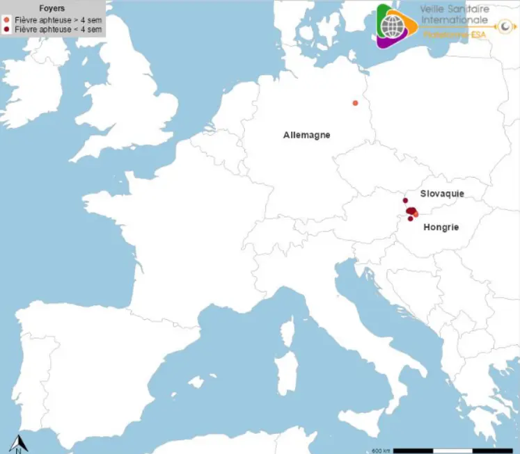 Localisation des foyers de fièvre aphteuse détectés en Europe sur les quatre dernières semaines (incidence  mensuelle) depuis  la  première  détection  le  09/01/2025  en  Allemagne  (source:  Commission européenne ADIS le 22/04/2025)