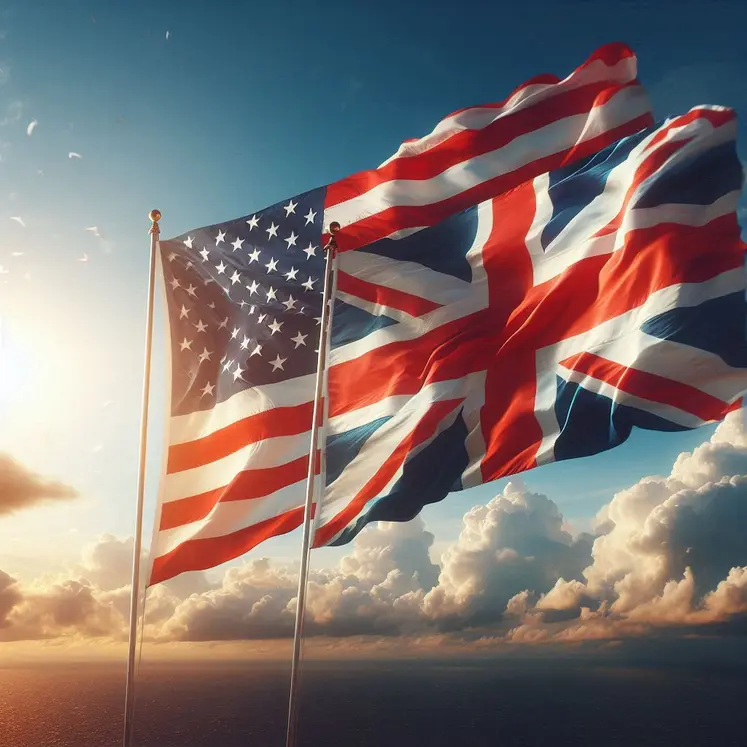 un drapeau des etats-unis et un drapeau du royaume uni flottent au vent cote sur fond de ciel bleu 