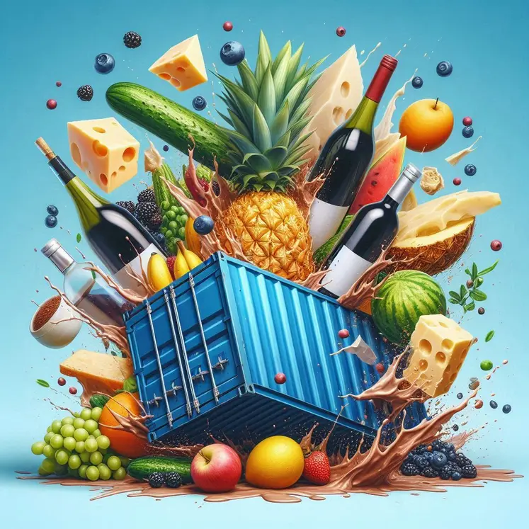 un conteneur s'écrase au sol. En jaillissent des myrtilles, des ananas, des bouteilles de vins, du parmesan, des concombres et du cacao