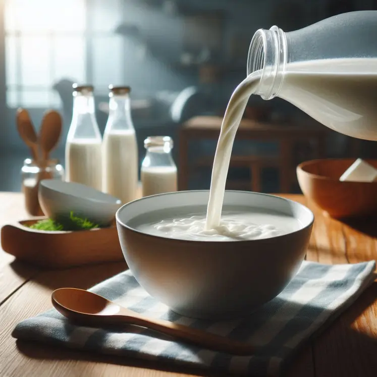 gros plan sur une bouteille de lait qui coule dans un bol dans une cuisine