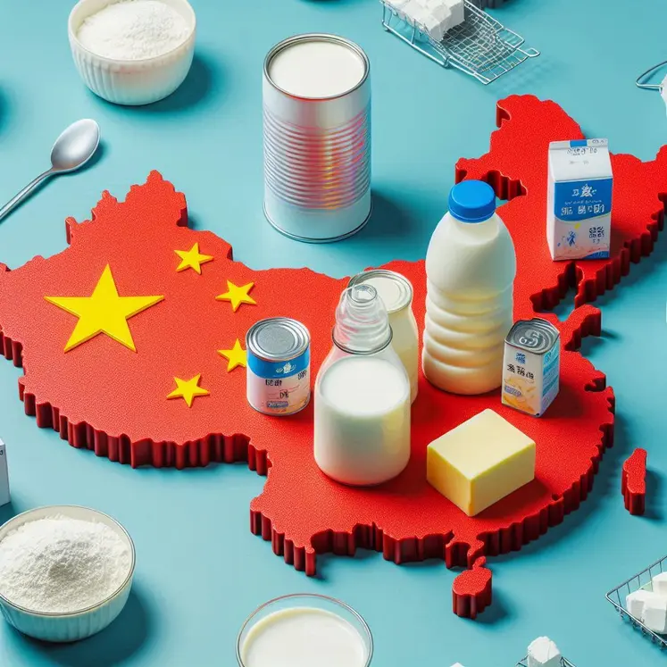 la carte de la Chine sur laquelle sont posés des packs de lait, de la poudre de lait, des bidons de lactosérum, des cubes de beurre