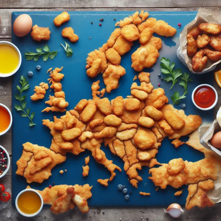 Une carte de l'Europe dessinée en nuggets de poulets, wings, cuisses de poulet