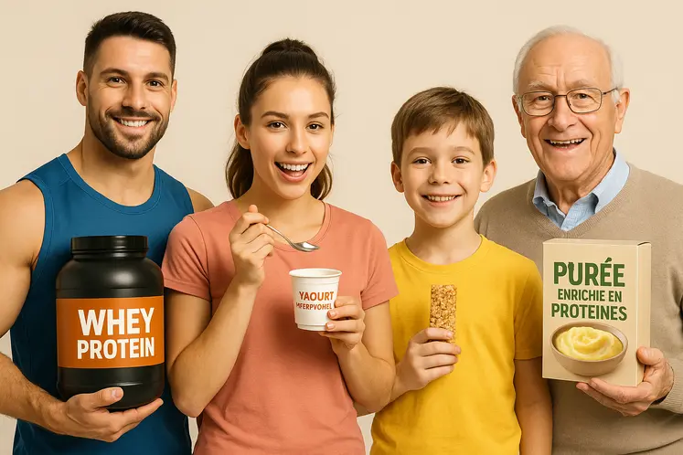 un sportif qui tient un bidon de whey, une jeune femme qui mange un yaourt hyperprotéiné, un enfant qui tient une barre de céréales, une personne âgée qui tient une boite de purée, style publicitaire