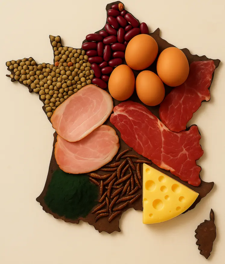 La silhouette de la France, remplie de lentilles, haricots rouge, oeufs, jambon, viande, fromage, insectes, spiruline style photo culinaire