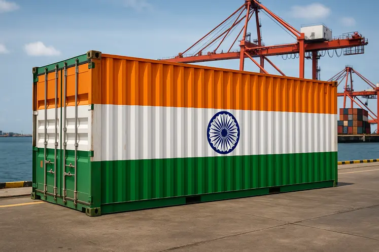 une image d'un conteneur posé sur un quai d'un port qui est aux couleurs du drapeau indien