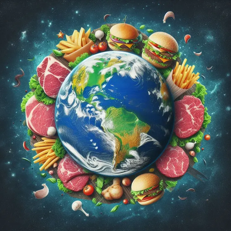 la planète Terre autour de laquelle tourbillonnent des steaks, du corned beef, du steak haché