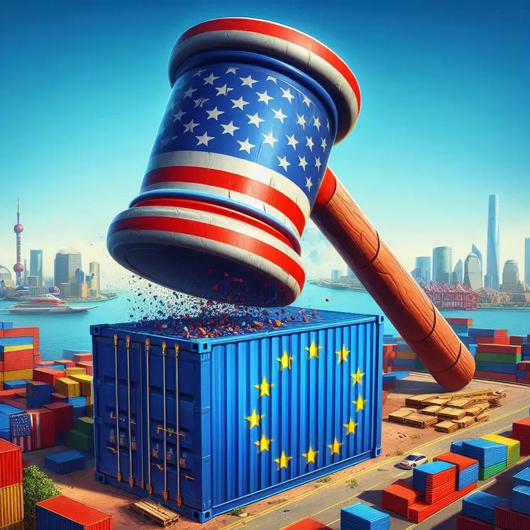 marteau au couleur du drapeau américain qui tape un conteneur au couleur du drapeau de l'ue