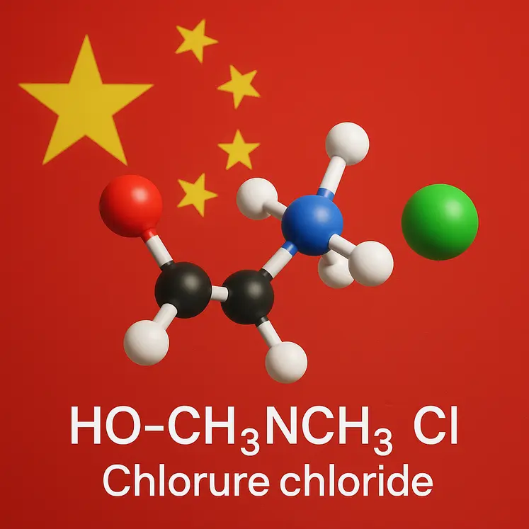 image d'une molécule de chlorure de choline devant un drapeau chinois