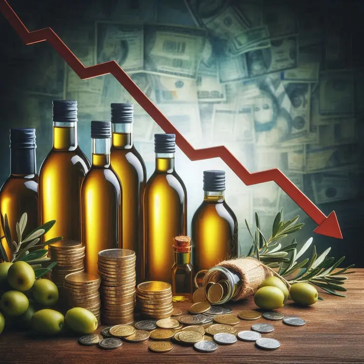 sur fond de bouteilles d'huile d'olive, une courbe de prix descendante