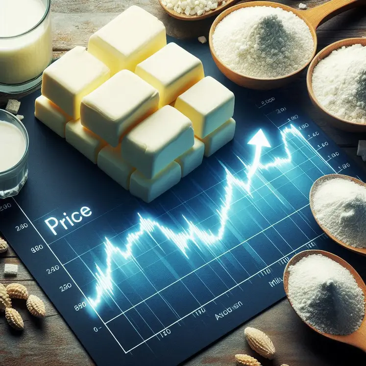 une courbe de prix sur fond de blocs de beurre et de poudre de lait
