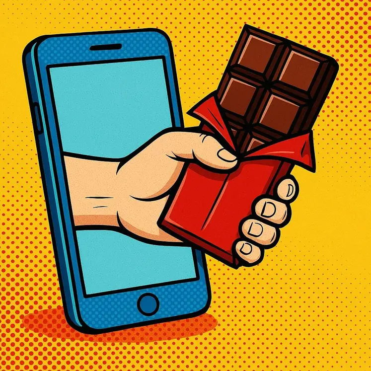 une main sort d'un smartphone et tend une barre de confiserie