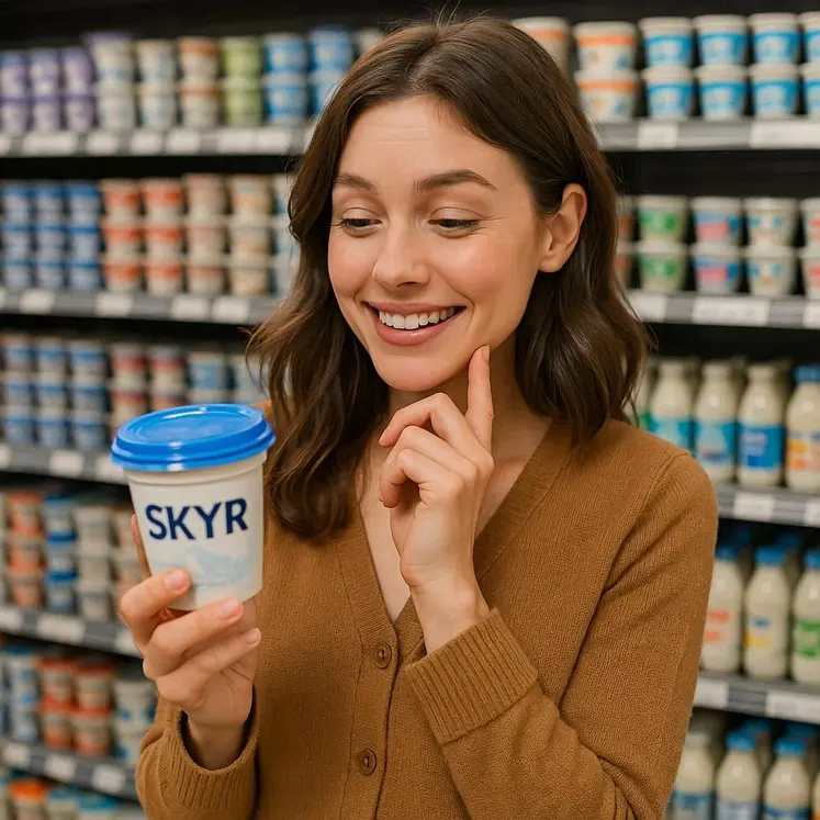 une consommarice au rayon produits laitiers d'un supermarché, hésite en achetant un pot de skyr, elle a l'air joyeuse