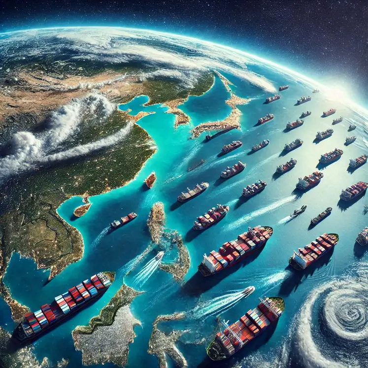 "la planète Terre vue de haut, avec des bateaux porte-conteneurs qui sillonnent les océans "