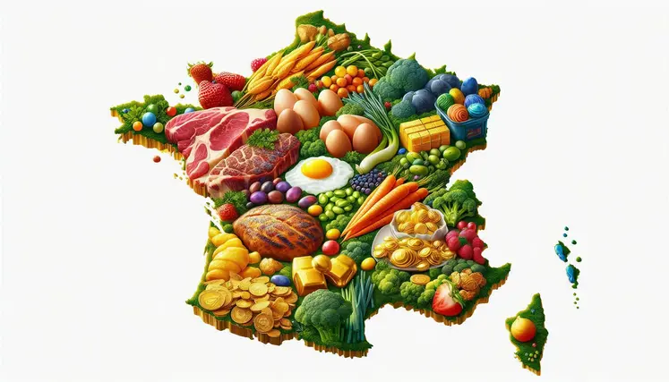 une carte de france, avec des images d'oeufs, de steaks, de légumes verts, de sucreries, de nuggets, de fruits 